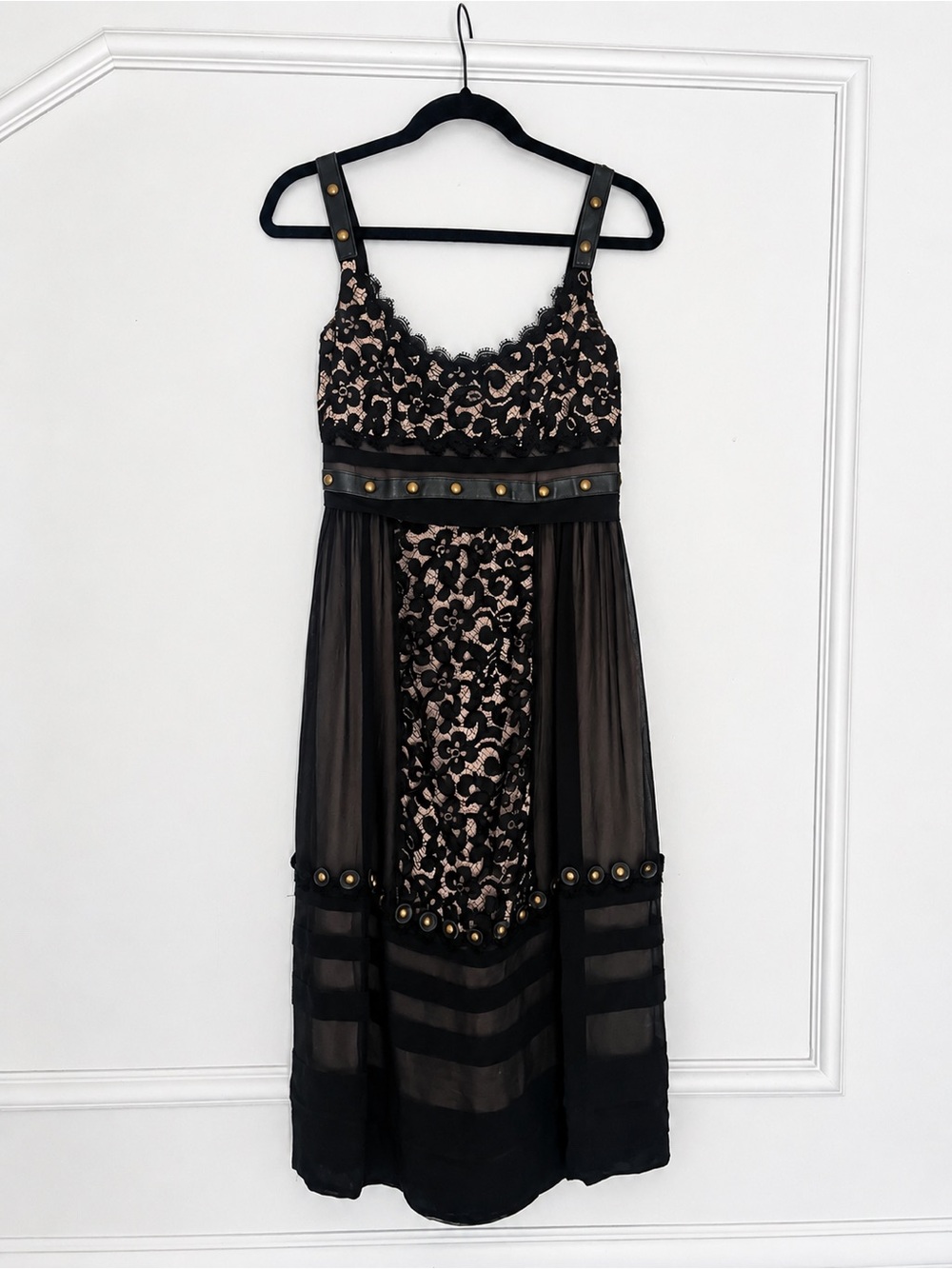 Temperley London Black Lace Midi Dress with Blush Underlay